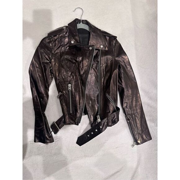 All Saints shiny motor biker jacket women’s size 2 - Picture 1 of 8